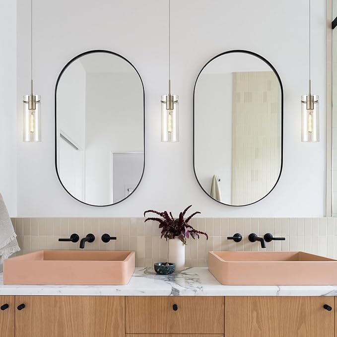 Glass Brushed Nickel Pendant Light, 3 Pack Modern Kitchen Island Pendant Lighting with Ribbed Glass, Adjustable Cord Pendant Light for Over Island, Dining Room, Bathroom, Bedroom