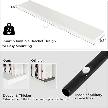 Venusmiles Floating Shelves for Wall, Engineered Wood Wall Shelves with Invisible Brackets for Living Room Bedroom Bathroom Office Kitchen Decor and Storage (White, 55" W x 9" D x 1.5" H) Set of 1
