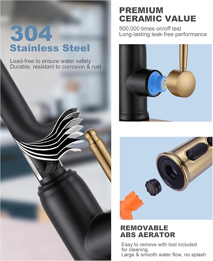 Black Gold Kitchen Faucet with Sprayer: WOWOW 304 Stainless Steel Kitchen Sink Faucet for 1 or 3 Hole, High Arc Single Handle Mixer Taps with Deck Plate, Vintage Style