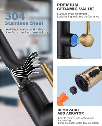 Black Gold Kitchen Faucet with Sprayer: WOWOW 304 Stainless Steel Kitchen Sink Faucet for 1 or 3 Hole, High Arc Single Handle Mixer Taps with Deck Plate, Vintage Style