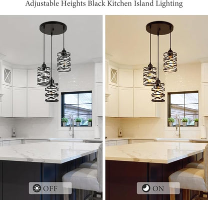 Pendant Lights Kitchen Island Black Pendant Light Fixtures 3-Light Spiral Iron Kitchen Island Lighting Adjustable Hanging Cluster Pendant Lighting for Dining Room with Clear Glass Shade