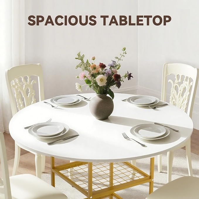 EROMMY Round Dining Table for 4, 47" Wood Kitchen Table with Storage Shelves, Modern Dinner Table for Dining Room Kitchen Living Room, White Gold(Only Table)