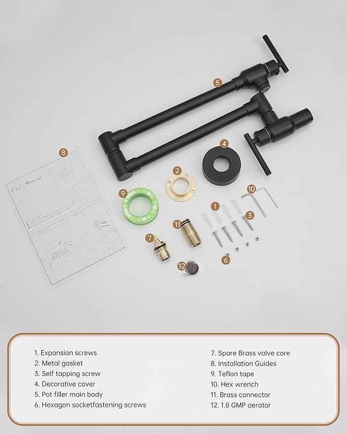 Fransiton Pot Filler, Matte Black Pot Filler Faucet Wall Mount, Brass Folding Stretchable with Double Joint Swing Arm Single Hole Two Handles Kitchen
