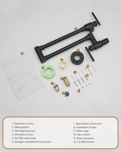 Fransiton Pot Filler, Matte Black Pot Filler Faucet Wall Mount, Brass Folding Stretchable with Double Joint Swing Arm Single Hole Two Handles Kitchen