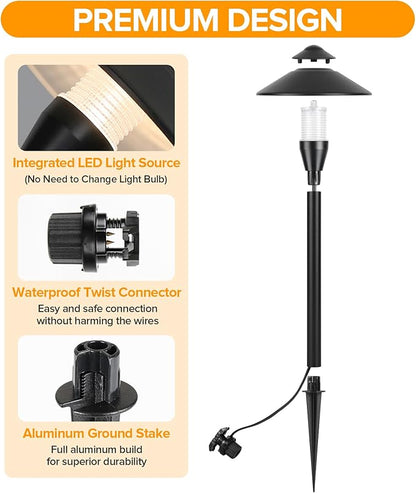 LUTEC 12V Low Voltage Pathway Lights, Die-cast Aluminum Pathway Lights with Connectors，IP65 Waterproof Outdoor Landscape Lighting, 3W 240LM Warm White 3000K for Path, Yard, Garden, 4 Pack