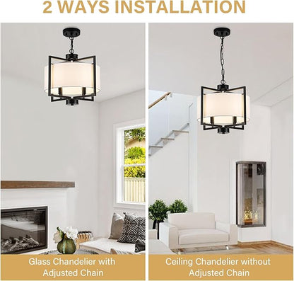 Modern Drum Chandelier Kitchen Island Lights, 4 Light Adjustable Rustic Island Pendant Lighting, Black Farmhouse Dining Room Hanging Light Fixture for Bedroom Living Room Hallway