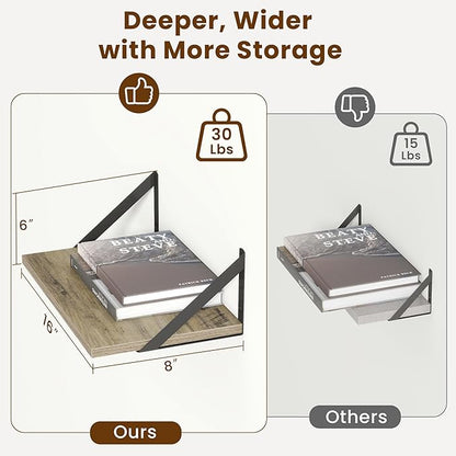 8" Deep Floating Shelves for Wall,16 inch Wood Wall Shelves Set of 2,Wide Floating Bookshelf with Sturdy Metal Brackets,Hanging Storage Floating Shelf for Living Room,Bedroom,Bathroom,Office,Grey