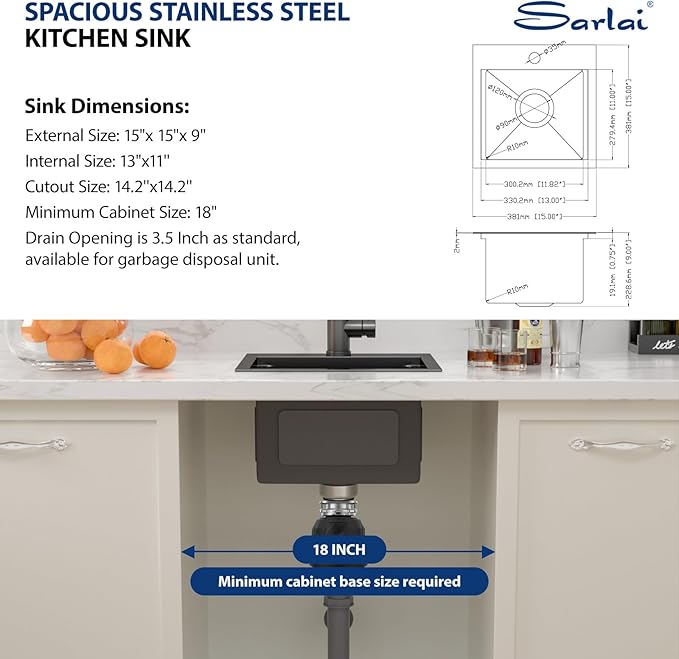 Sarlai Drop Bar Sink -15 Inch Black Outdoor Kitchen Sink Gunmetal Black Drop In Workstation 15 x 15 Topmount Stainless Steel 16 Gauge Single Bowl Kitchen Bar Prep RV Outdoor Sinks Basin
