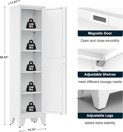 LCAOPC 67" Tall Narrow Bathroom Metal Storage Cabinet with 4 Adjustable Shelves, Freestanding 5 Tier Slim Pantry Storage Cabinet for Small Space, White