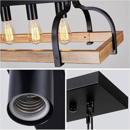 WUZUPS 6-Light Metal Pot Hanging Rack Chandelier Imitation Light Wood Grain Linear Pendant Ceiling Lighting Rustic Farmhouse Fixture Kitchen Island Dining Room, H 9.8" L 40.6" W11.8, E26 Base, Black