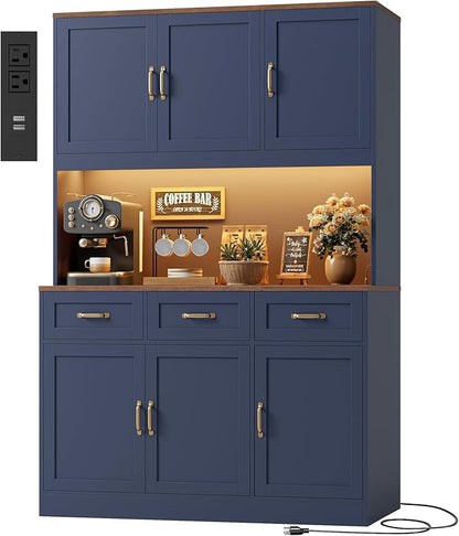 HOSTACK 72" Tall Kitchen Pantry Cabinet with Charing Station | LED Lights, 47" W Kitchen Pantry Storage Cabinet with Countertop, Modern Kitchens Hutch Cabinets with Storage for Dining Room, Blue