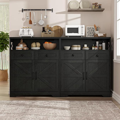 FiveWillowise 31.5" Black Storage Cabinet with Drawers and Shelf, Farmhouse Sideboard Buffet with Storage, Kitchen Pantry Hutch, Coffee Bar Cabinet Station Table for Kitchen, Living, Dining Room