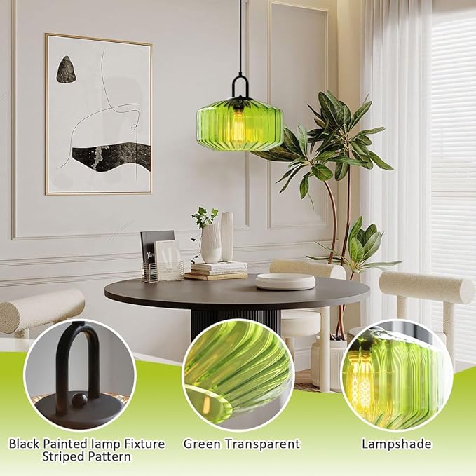 Glass Pendant Light fixtures Kitchen Island Modern Black Pendant Lights with Hand Blown Glass Shade 1-Light Adjustable Cord Ceiling Hanging Lighting for Dining Room Table Bar Sink (Green)