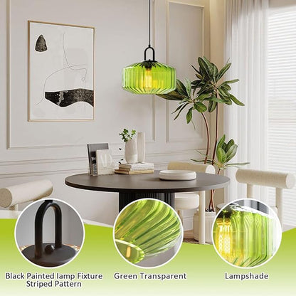 Glass Pendant Light fixtures Kitchen Island Modern Black Pendant Lights with Hand Blown Glass Shade 1-Light Adjustable Cord Ceiling Hanging Lighting for Dining Room Table Bar Sink (Green)