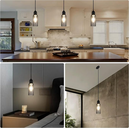 Modern Pendant Lights, Smoked Grey Glass Hanging Lamp with Matte Black Finish, Adjustable 48" Cord Pendant Light Fixtures for Kitchen Island Sink Bar Dining Room Farmhouse, E26 Base