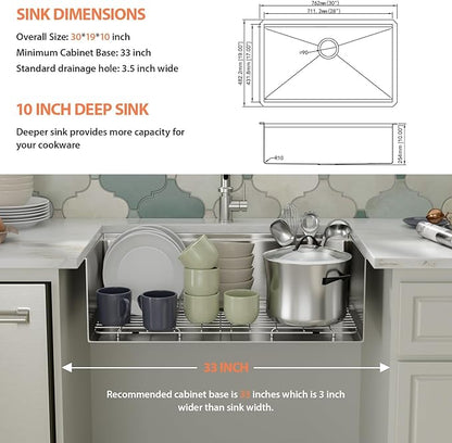 30 Kitchen Sink Undermount - Fuyuoer 30x19 Inch Workstation Undermount Sinks Stainless Steel 16 Gauge Single Bowl Deep Basin with Round Corners Handmade Kitchen Sinks, 30x19x10 Inch