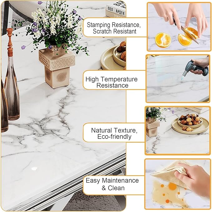 Modern Marble Dining Table for 4-6,White Dining Room Table with Silver X Stainless Steel Base,68" Rectangle Faux Marble Kitchen Table for 4-6 People,Luxury Dining Table for Living Room Home Office