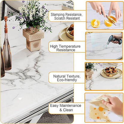 Modern Marble Dining Table for 4-6,White Dining Room Table with Silver X Stainless Steel Base,68" Rectangle Faux Marble Kitchen Table for 4-6 People,Luxury Dining Table for Living Room Home Office