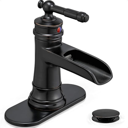 Waterfall Faucet, Brass Oil Rubbed Bronze Bathroom Faucet 1 Hole, Single Handle Bathroom Faucets, 4 Inch 3 Hole Bathroom Sink Faucet with Pop Up Drain Deck Plate & Supply Hoses for Farmhouse