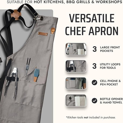 Asaya Chef and BBQ Apron with Bottle Opener and Hand Towel - 10oz Cotton Canvas, Stainless Steel Hardware - Cross Back Straps