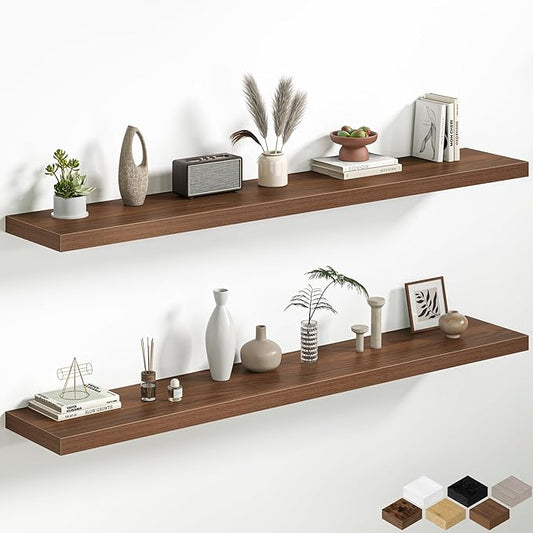 Fun Memories 66 Inch Floating Shelves, 12 Inch Deep Wall Shelf for Fireplace Mantel, Walnut Deep Storage Shelves for Home & Office, Long Floating Shelf with Invisible Bracket, Set of 2