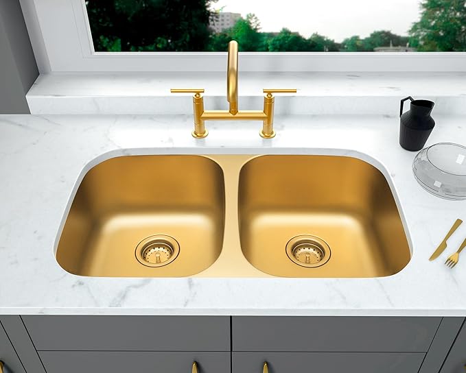 LQS Brushed Gold Kitchen Sink, 32 Inch Undermount Kitchen Sink Gold, Double Kitchen Sink Stainless Steel with Two Sink Strainers and Two Sink Grids