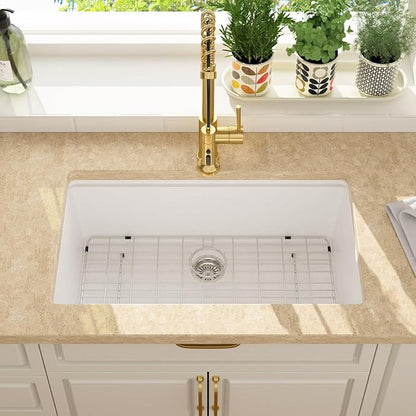 Lordear 32 Inch White Granite Composite Kitchen Sink 32x19 Inch Workstation Quartz Undermount Kitchen Sinks Under Counter Single Bowl