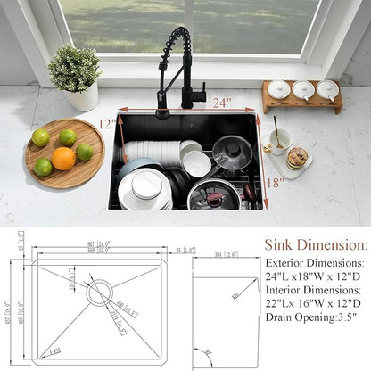 24 Inch Undermount Laundry Sink with Faucet Combo-Bokaiya 24x18x12 Black Stainless Steel Laundry Utility Sink Outdoor 16 Gauge Deep Single Bowl Laundry Room Sink