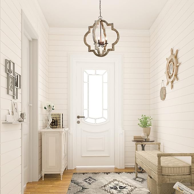 LOG BARN Large Farmhouse Chandelier Handmade Wood 4 Lights Fixtures Hanging for Dining, Bedrooms, Living Rooms and Hallway