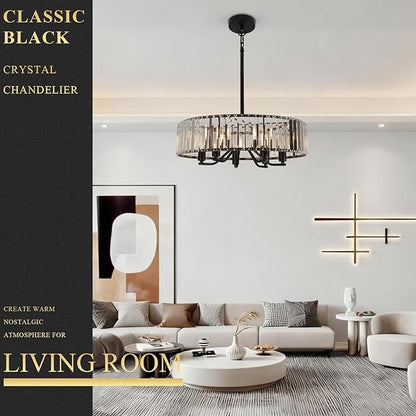 Black Crystal Chandelier for Dining Room, 6-Light Modern Semi Flush Mount Chandelier Lighting Fixtures,Round Kitchen Hanging Drum Pendant Lights Ceiling for Bedroom Entryway Foyer, E12 Base, 19.7Inch