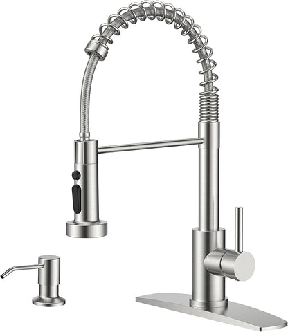 FORIOUS Kitchen Faucet with Soap Dispenser, Brushed Nickel Stainless Steel Sink Faucet with Sprayer Single Handle, Commercial Modern Spring Faucet for Kitchen Sink, Bar & Prep Sink, Laundry RV Camper