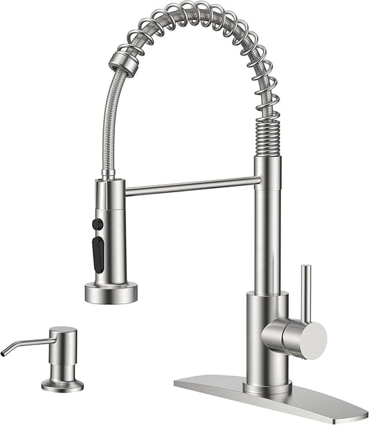 FORIOUS Kitchen Faucet with Soap Dispenser, Brushed Nickel Stainless Steel Sink Faucet with Sprayer Single Handle, Commercial Modern Spring Faucet for Kitchen Sink, Bar & Prep Sink, Laundry RV Camper