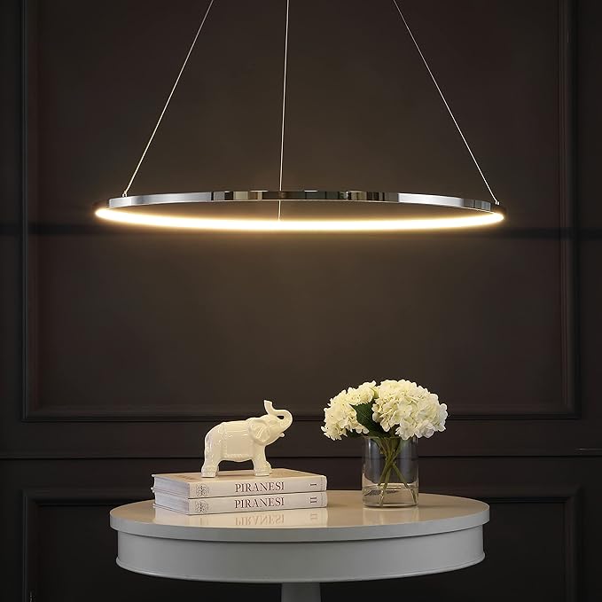 JONATHAN Y 35" Chrome Modern Integrated LED Pendant Light, Dimmable Round Hoop Chandelier for Kitchen Island, Dining Room, Adjustable Height Metal Hanging Light (JYL7220C)