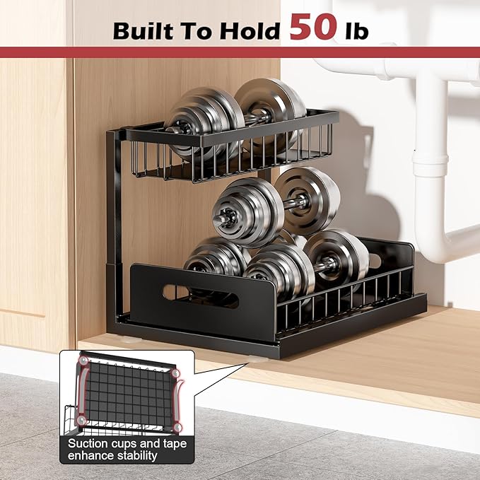 REALINN Under Sink Organizer, Pull Out Cabinet Storage 2 Tier Slide Out Sink Shelf, Kitchen Organizers and Storage, Black, 1 Pack