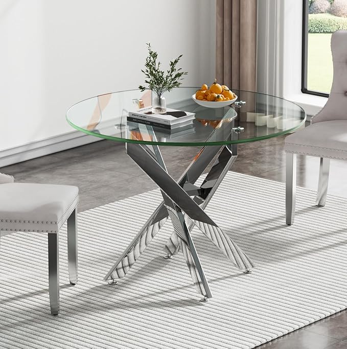 35.43'' Round Glass Dining Table,Modern Kitchen Table for 2-4 People,Dining Room Table with Tempered Glass Top and Metal Legs for Kitchen Apartment