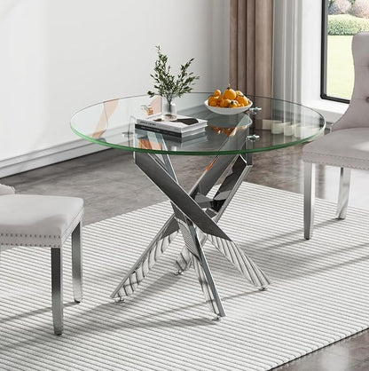 35.43'' Round Glass Dining Table,Modern Kitchen Table for 2-4 People,Dining Room Table with Tempered Glass Top and Metal Legs for Kitchen Apartment