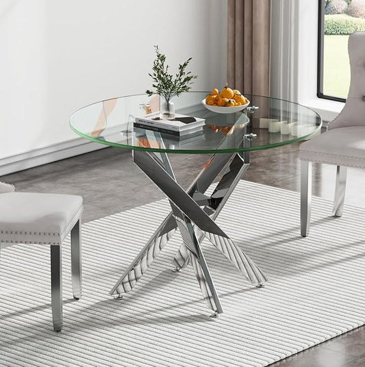 35.43'' Round Glass Dining Table,Modern Kitchen Table for 2-4 People,Dining Room Table with Tempered Glass Top and Metal Legs for Kitchen Apartment