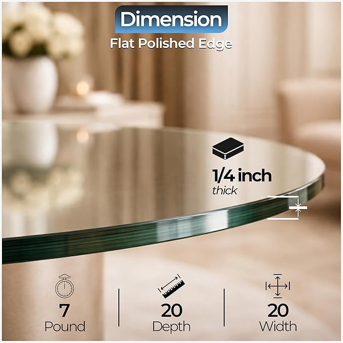 20" inch Round Tempered Glass Table Top - 1/4 inch Thickness & Flat Polished Edge - Clear Surface & Scratch Resistant - Ideal for Dining Room, Kitchen, Side, Office, Patio & Round Coffee Tables