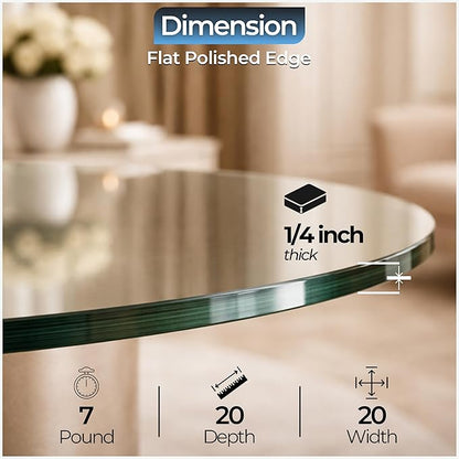 20" inch Round Tempered Glass Table Top - 1/4 inch Thickness & Flat Polished Edge - Clear Surface & Scratch Resistant - Ideal for Dining Room, Kitchen, Side, Office, Patio & Round Coffee Tables