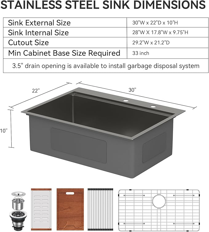 Lordear 30 Inch Black Kitchen Sink Single Bowl Workstation Sinks 16 Gauge All In One 30x22 Kitchen Sinks Stainless Steel Gunmetal Black Sink 30"