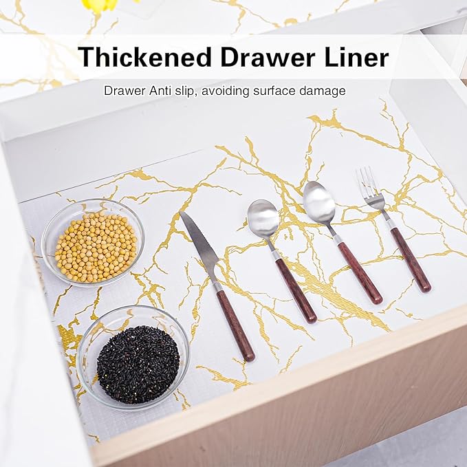 Drawer and Shelf Liner for Kitchen Cabinet,Non-Adhesive Cabinet Liner 18in x 10FT,Waterproof Shelf Paper Non-Slip Mats Cupboard Liners Contact Protect Dresser/Shelves/Table-Gold Marble