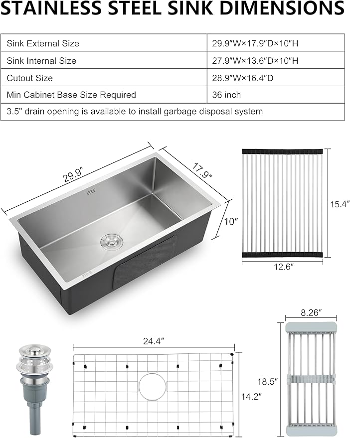 30 Inch Workstation Undermount Kitchen Sink with Overflow, 16 Gauge Stainless Steel Single Bowl Sink, 10 Inch Deep Sink with Dish Grid, Roll Drainer and Basket Strainer