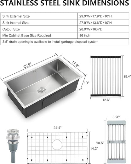 30 Inch Workstation Undermount Kitchen Sink with Overflow, 16 Gauge Stainless Steel Single Bowl Sink, 10 Inch Deep Sink with Dish Grid, Roll Drainer and Basket Strainer