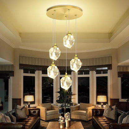 5-Light Gold Crystal Drop Pendant Light, Kitchen Island Hanging Light Fixtures, Modern Solid Clear Crystal Chandelier for Dining Room Living Room Foyer