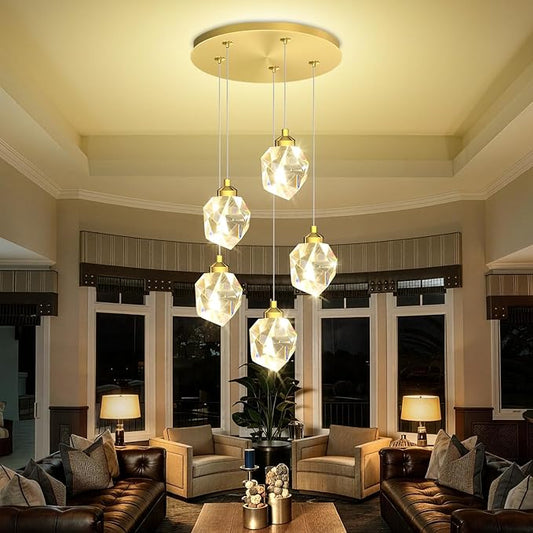 5-Light Gold Crystal Drop Pendant Light, Kitchen Island Hanging Light Fixtures, Modern Solid Clear Crystal Chandelier for Dining Room Living Room Foyer