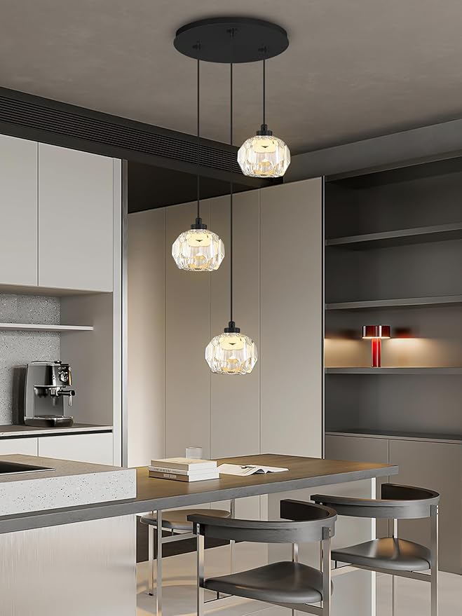 3-Light Crystal Pendant Light Black LED Crystals Ball Chandeleir Enhance Kitchen Island, Bathroom, Bedroom, and Bar