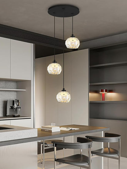 3-Light Crystal Pendant Light Black LED Crystals Ball Chandeleir Enhance Kitchen Island, Bathroom, Bedroom, and Bar
