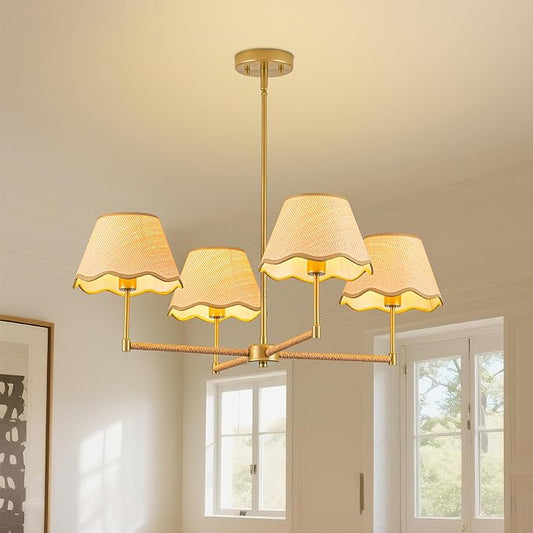 MAYNA 29" Farmhouse Boho Chandelier, 4-Light Rattan Light Fixture with Wicker Lamp Shade, Adjustable Boho Dining Room Light Fixture for Kitchen Island, Living Room, Bedroom