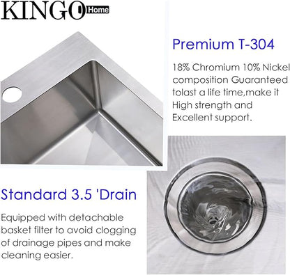KINGO HOME 22x18 Inch Drop in Kitchen Sink,16 Gauge Topmount RV Small Kitchen Bar Sinks,Stainless Steel Outdoor Prep Single Bowl Workstation Wet Bar Sink with Stainless Steel Strainer