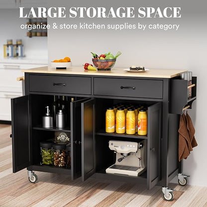 Rovibek Rolling Kitchen Island on Wheels Large Portable Mobile Moveable Islands Wood with Storage Drawers Cabinet Spice Rack Towel Rack for Kitchen Dining Room Jet Black